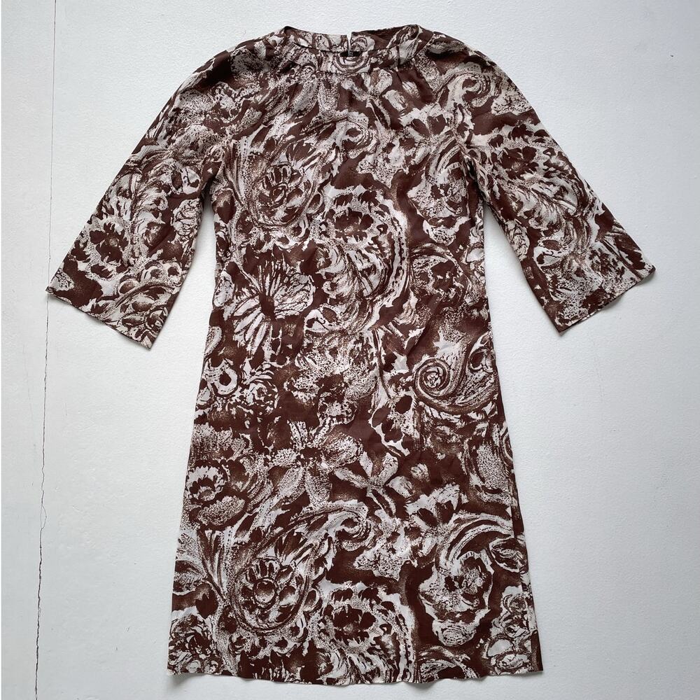 Vtg 60s Brown Floral Brushstrokes Mod Dress / Sz S/M / Midi Patterned Retro